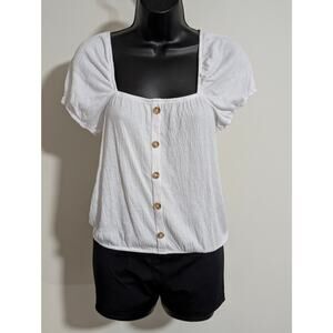 No Boundaries White Button Front Puff Sleeve Top- Size Medium